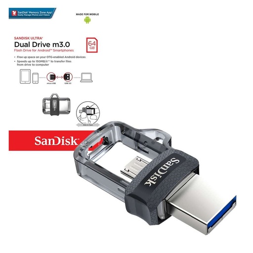 Memoria USB M3.0 De 64GB, Conector USB 2.0 A MicroUSB, Ultra Dual Sandisk